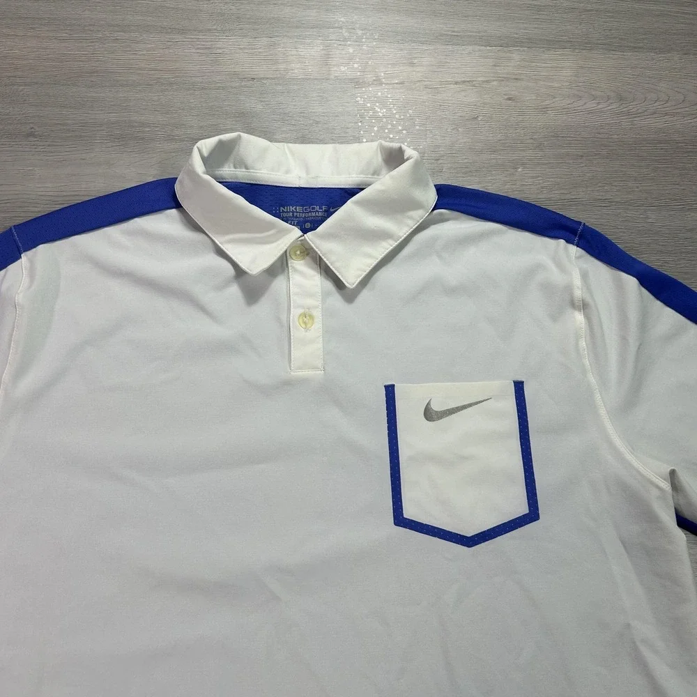 Nike Golf Tour‎ Performance Polo Shirt Mens Large White Blue Dri-FIT Mesh 508323